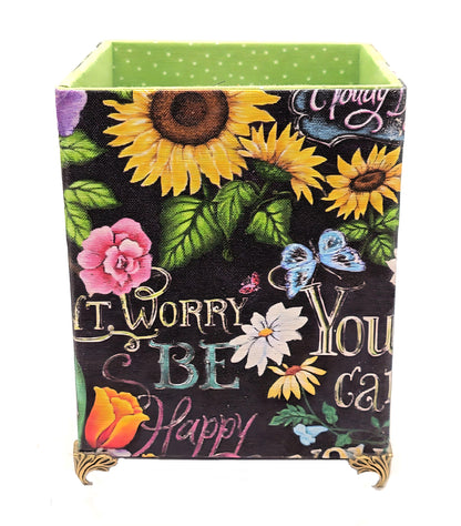 Fabric-Covered Pen Pencil Cosmetics Brushes Holder, Desktop Organizer, Happy Sayings with Flowers - Chic Brico