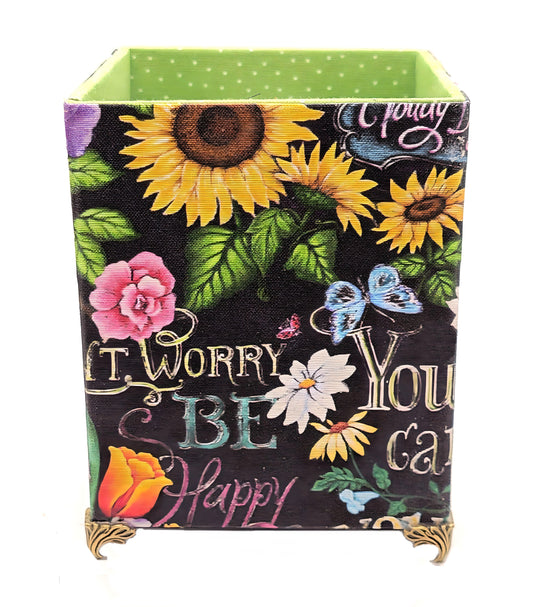Fabric-Covered Pen Pencil Cosmetics Brushes Holder, Desktop Organizer, Happy Sayings with Flowers - Chic Brico