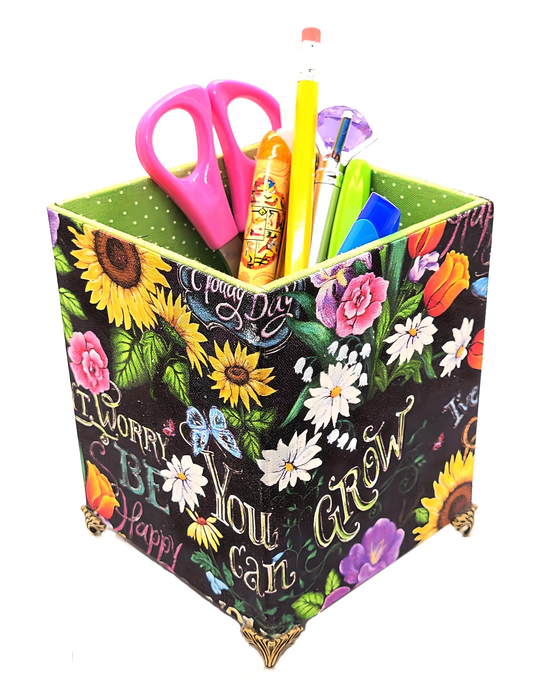Fabric-Covered Pen Pencil Cosmetics Brushes Holder, Desktop Organizer, Happy Sayings with Flowers - Chic Brico