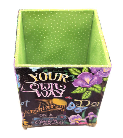 Fabric-Covered Pen Pencil Cosmetics Brushes Holder, Desktop Organizer, Happy Sayings with Flowers - Chic Brico