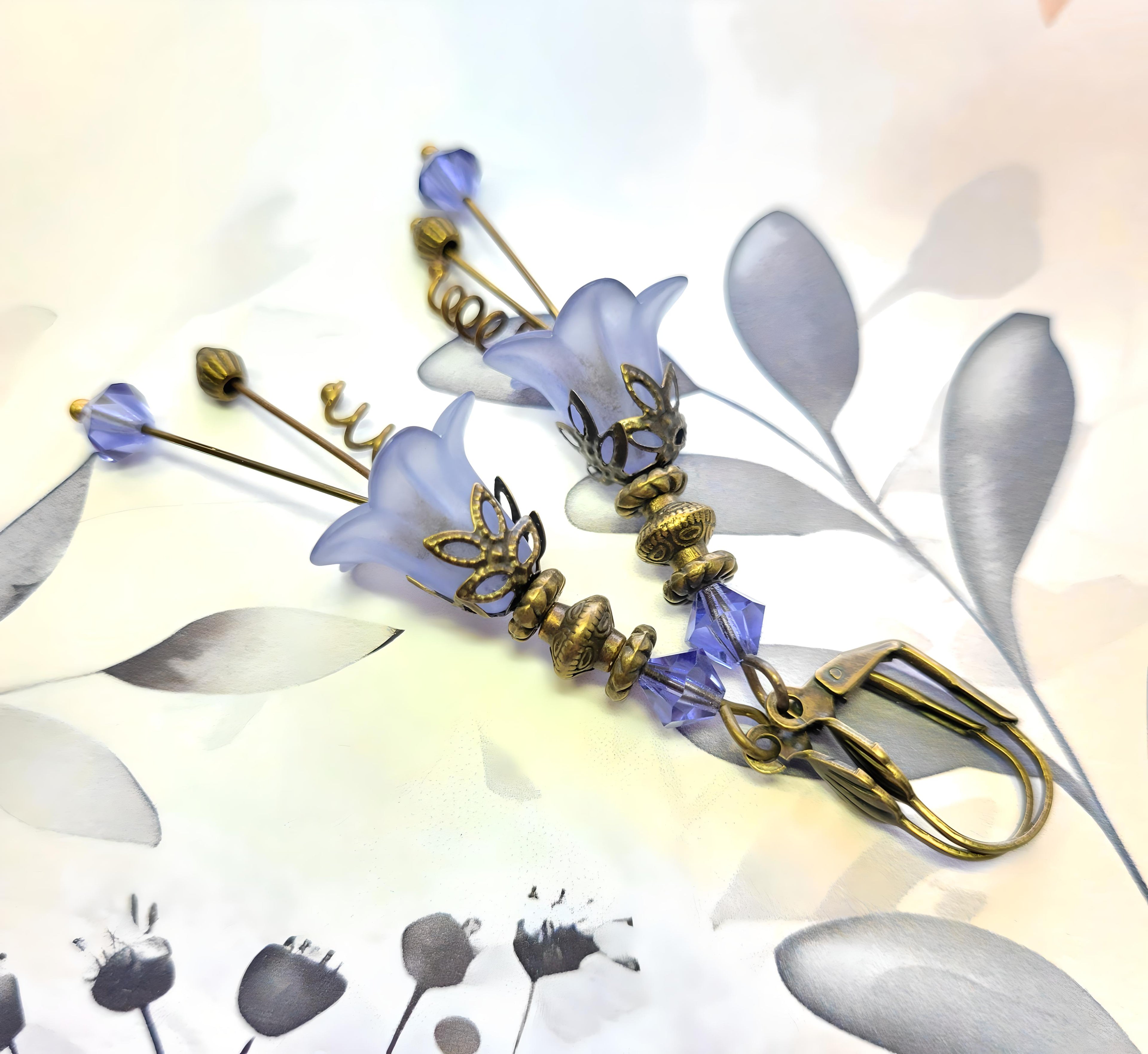 Vintage Victorian Style Dusty Denim Blue and Antique Bronze Bell Flower Lucite Earrings - Chic Brico