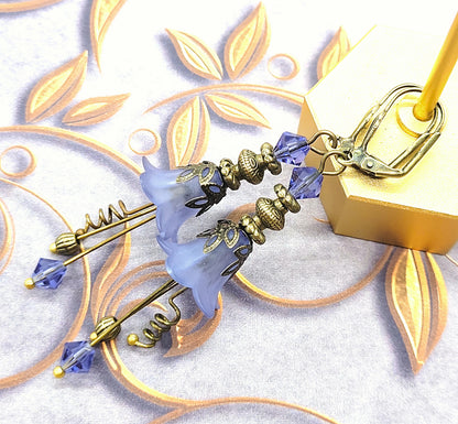Vintage Victorian Style Dusty Denim Blue and Antique Bronze Bell Flower Lucite Earrings - Chic Brico