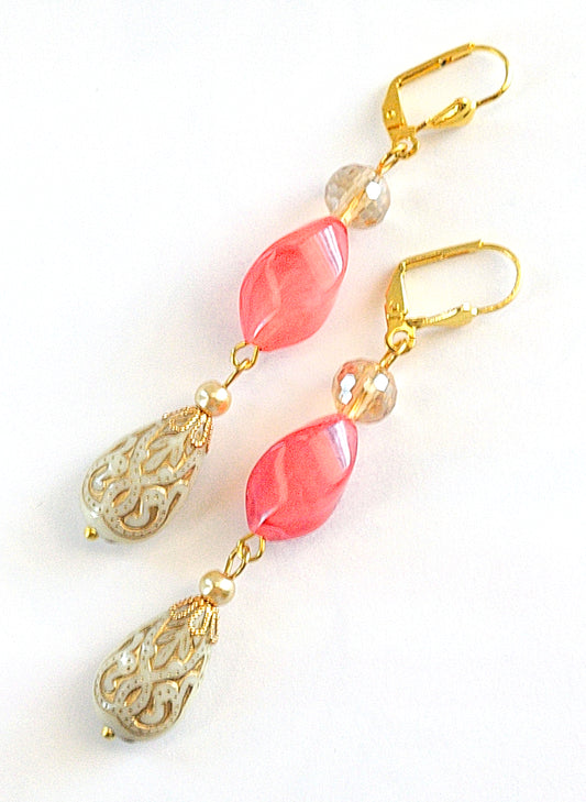 Gold Embossed Teardrop and Crystal Long Boho Dangle Earrings - Ivory and Coral Pink - Chic Brico