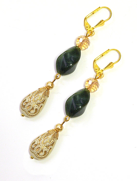 Gold Embossed Teardrop and Crystal Long Boho Dangle Earrings - Ivory and Emerald Green - Chic Brico