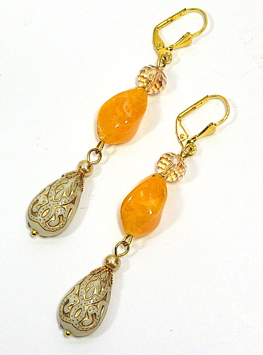 Gold Embossed Teardrop and Crystal Long Boho Dangle Earrings - Ivory and Golden Amber - Chic Brico