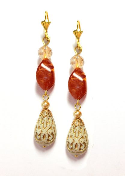 Gold Embossed Teardrop and Crystal Long Boho Dangle Earrings - Ivory and Rust Red - Chic Brico