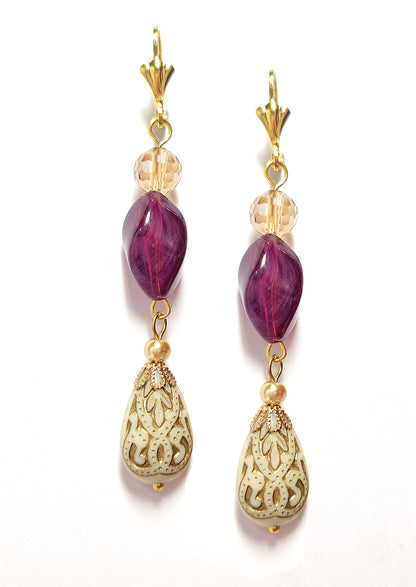 Gold Embossed Teardrop and Crystal Long Boho Dangle Earrings - Ivory and Violet Purple - Chic Brico