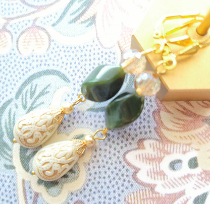 Gold Embossed Teardrop and Crystal Long Boho Dangle Earrings - Ivory and Emerald Green - Chic Brico