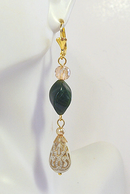 Gold Embossed Teardrop and Crystal Long Boho Dangle Earrings - Ivory and Emerald Green - Chic Brico
