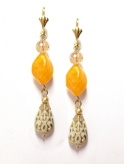 Gold Embossed Teardrop and Crystal Long Boho Dangle Earrings - Ivory and Golden Amber - Chic Brico