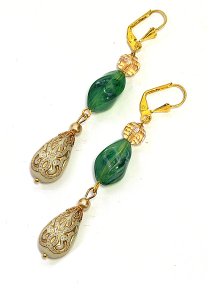 Gold Embossed Teardrop and Crystal Long Boho Dangle Earrings - Ivory and Light Green - Chic Brico