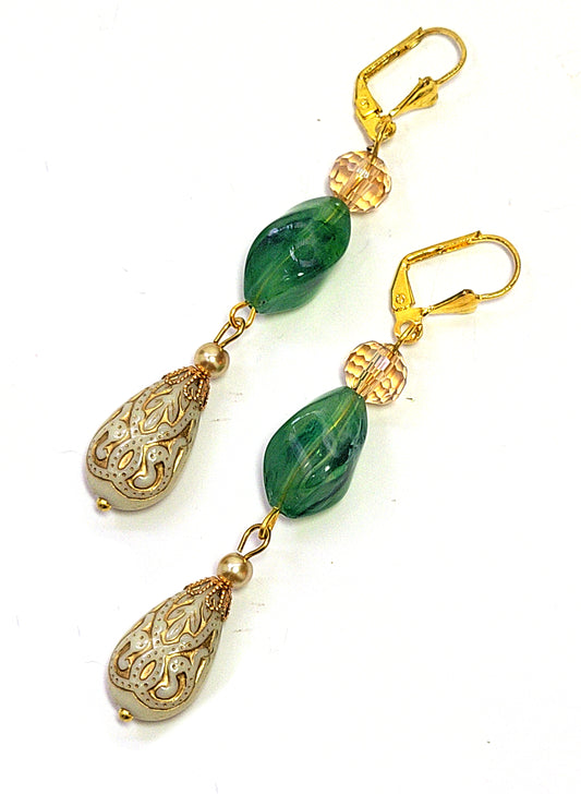 Gold Embossed Teardrop and Crystal Long Boho Dangle Earrings - Ivory and Light Green - Chic Brico