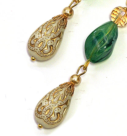 Gold Embossed Teardrop and Crystal Long Boho Dangle Earrings - Ivory and Light Green - Chic Brico