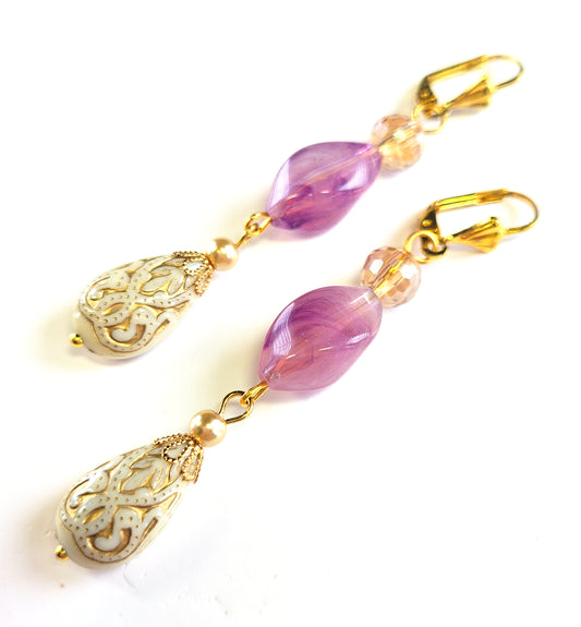Gold Embossed Teardrop and Crystal Long Boho Dangle Earrings - Ivory and Lilac Purple - Chic Brico