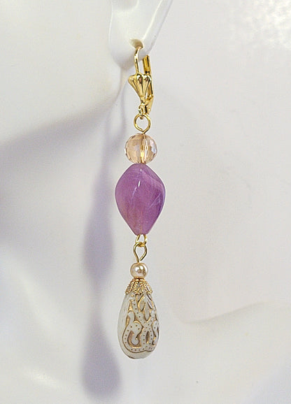 Gold Embossed Teardrop and Crystal Long Boho Dangle Earrings - Ivory and Lilac Purple - Chic Brico