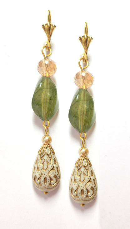 Gold Embossed Teardrop and Crystal Long Boho Dangle Earrings - Ivory and Olive Green - Chic Brico