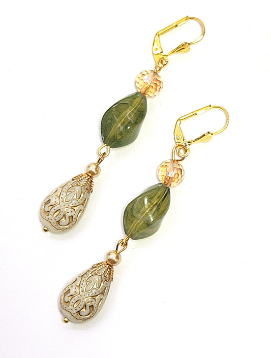 Gold Embossed Teardrop and Crystal Long Boho Dangle Earrings - Ivory and Olive Green - Chic Brico