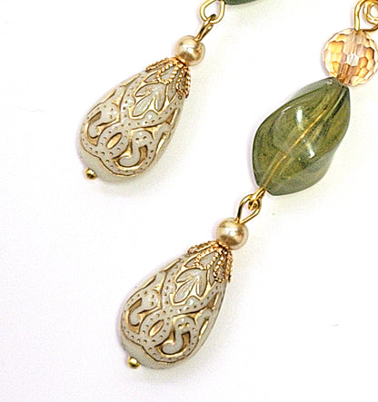 Gold Embossed Teardrop and Crystal Long Boho Dangle Earrings - Ivory and Olive Green - Chic Brico