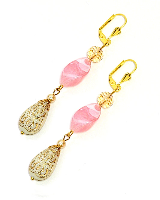 Gold Embossed Teardrop and Crystal Long Boho Dangle Earrings - Ivory and Rosy Pink - Chic Brico