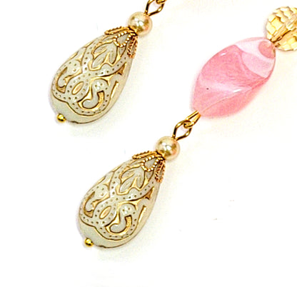 Gold Embossed Teardrop and Crystal Long Boho Dangle Earrings - Ivory and Rosy Pink - Chic Brico