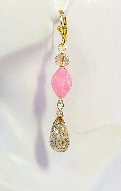 Gold Embossed Teardrop and Crystal Long Boho Dangle Earrings - Ivory and Rosy Pink - Chic Brico