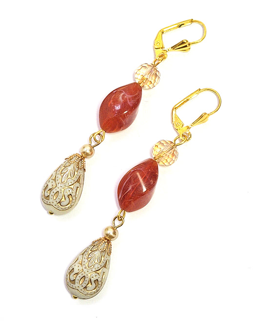 Gold Embossed Teardrop and Crystal Long Boho Dangle Earrings - Ivory and Rust Red - Chic Brico