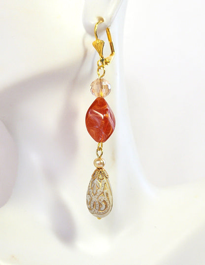 Gold Embossed Teardrop and Crystal Long Boho Dangle Earrings - Ivory and Rust Red - Chic Brico
