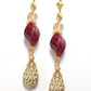 Gold Embossed Teardrop and Crystal Long Boho Dangle Earrings - Ivory and Siam Ruby Red - Chic Brico