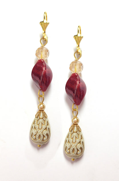 Gold Embossed Teardrop and Crystal Long Boho Dangle Earrings - Ivory and Siam Ruby Red - Chic Brico