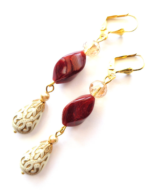 Gold Embossed Teardrop and Crystal Long Boho Dangle Earrings - Ivory and Siam Ruby Red - Chic Brico