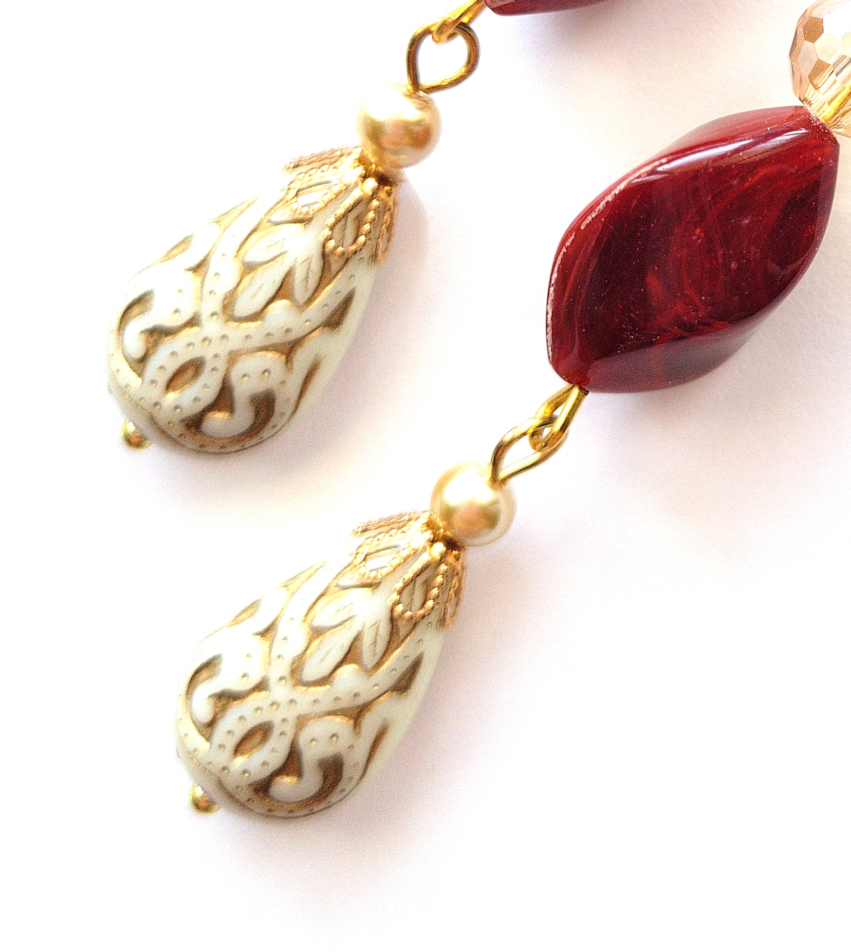 Gold Embossed Teardrop and Crystal Long Boho Dangle Earrings - Ivory and Siam Ruby Red - Chic Brico