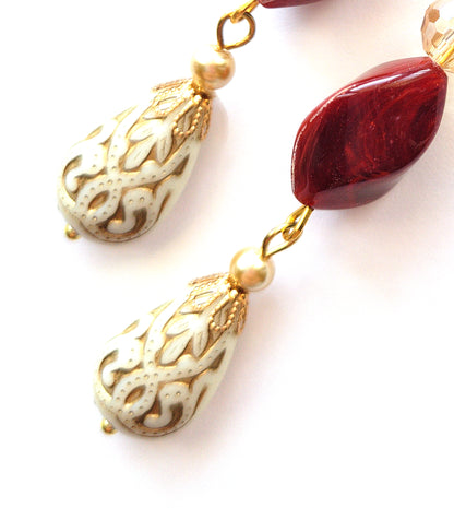 Gold Embossed Teardrop and Crystal Long Boho Dangle Earrings - Ivory and Siam Ruby Red - Chic Brico