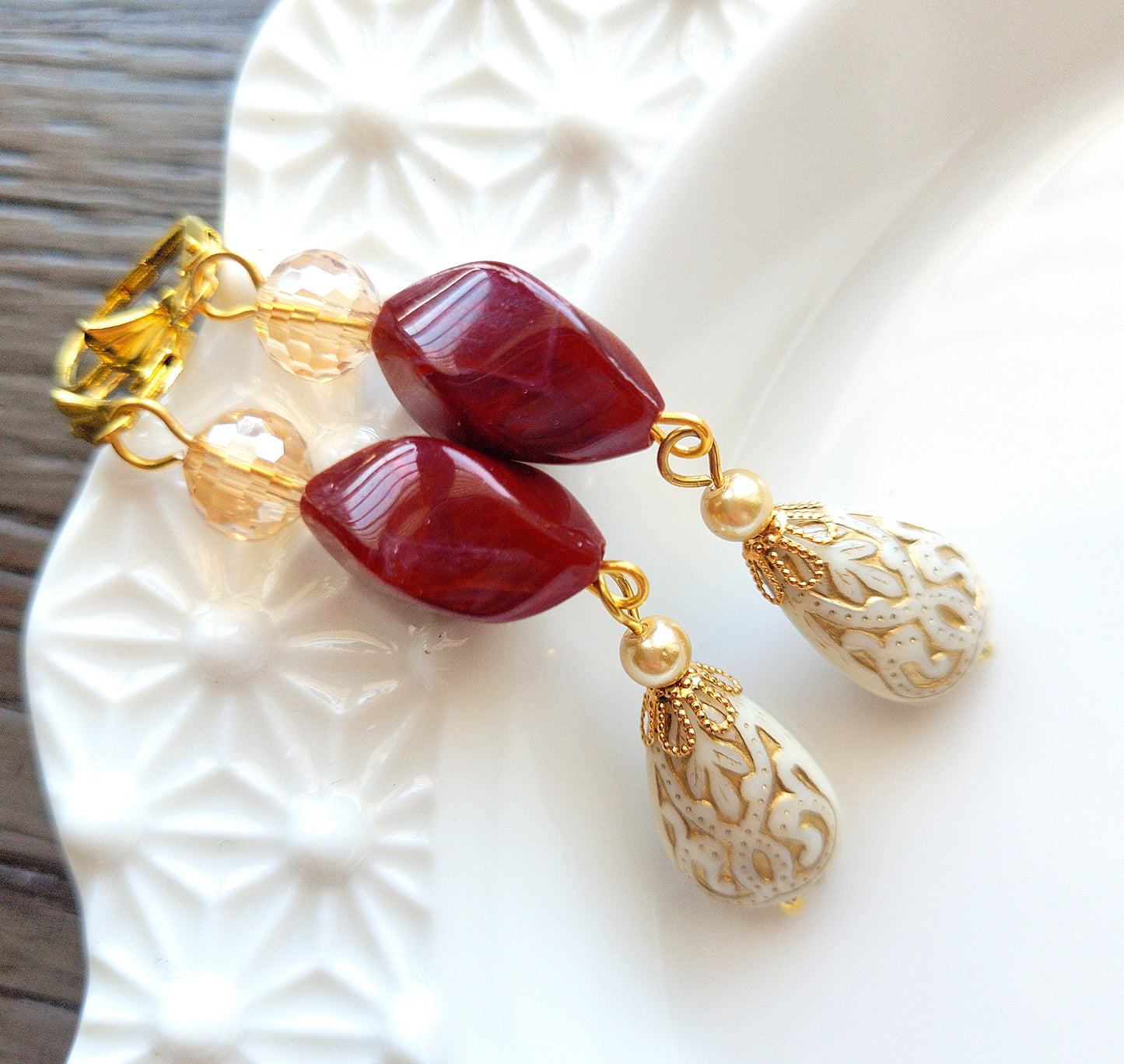 Gold Embossed Teardrop and Crystal Long Boho Dangle Earrings - Ivory and Siam Ruby Red - Chic Brico