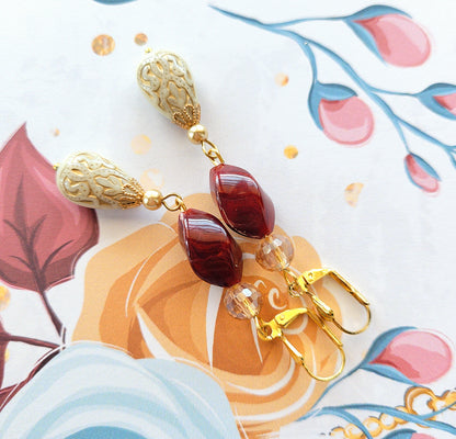 Gold Embossed Teardrop and Crystal Long Boho Dangle Earrings - Ivory and Siam Ruby Red - Chic Brico