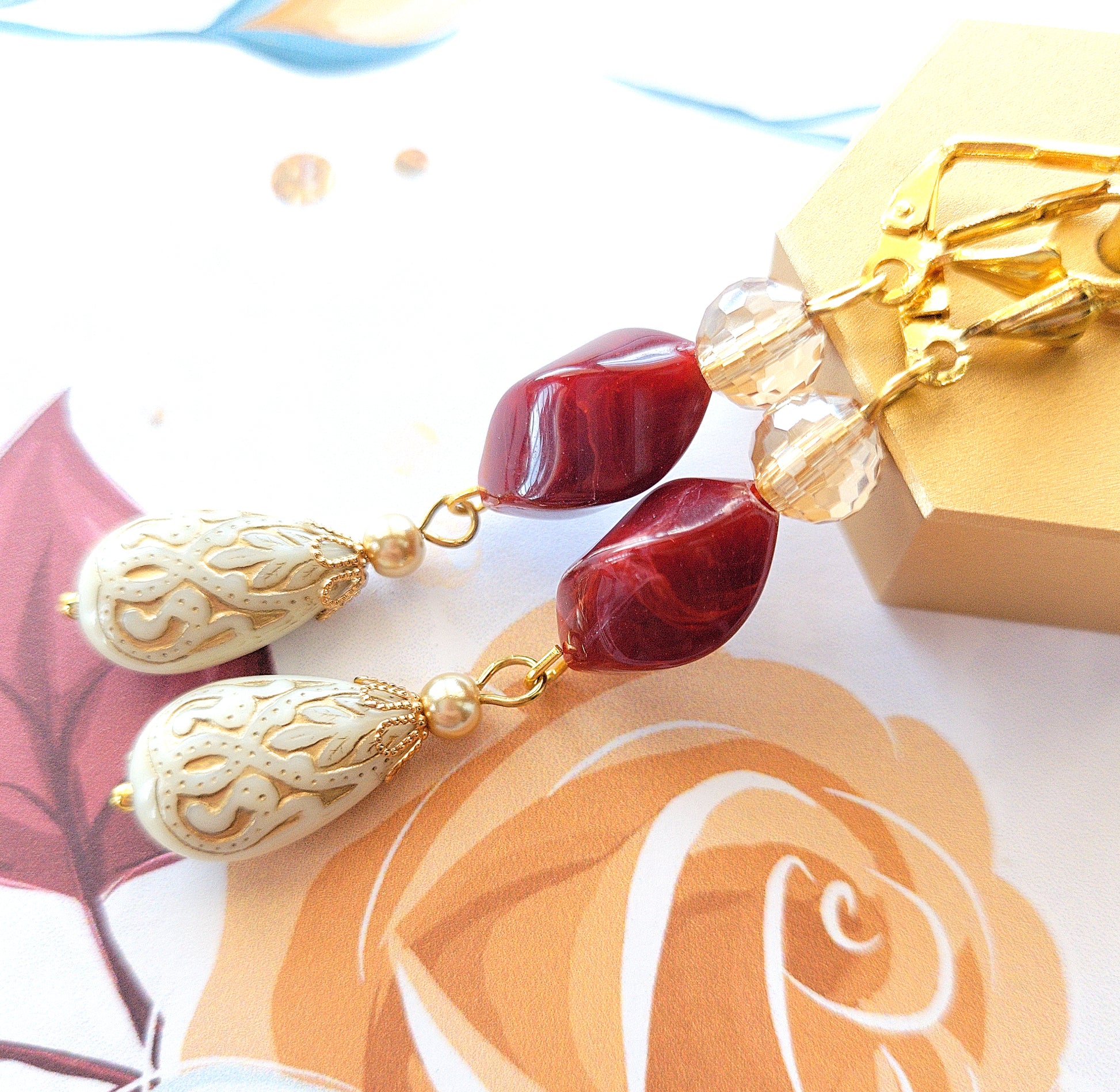 Gold Embossed Teardrop and Crystal Long Boho Dangle Earrings - Ivory and Siam Ruby Red - Chic Brico