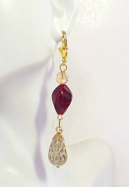 Gold Embossed Teardrop and Crystal Long Boho Dangle Earrings - Ivory and Siam Ruby Red - Chic Brico