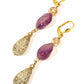 Gold Embossed Teardrop and Crystal Long Boho Dangle Earrings - Ivory and Violet Purple