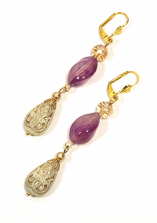 Gold Embossed Teardrop and Crystal Long Boho Dangle Earrings - Ivory and Violet Purple - Chic Brico