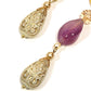 Gold Embossed Teardrop and Crystal Long Boho Dangle Earrings - Ivory and Violet Purple