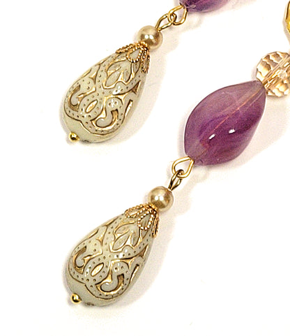 Gold Embossed Teardrop and Crystal Long Boho Dangle Earrings - Ivory and Violet Purple - Chic Brico