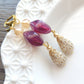 Gold Embossed Teardrop and Crystal Long Boho Dangle Earrings - Ivory and Violet Purple