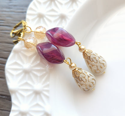Gold Embossed Teardrop and Crystal Long Boho Dangle Earrings - Ivory and Violet Purple - Chic Brico