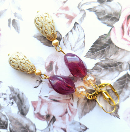 Gold Embossed Teardrop and Crystal Long Boho Dangle Earrings - Ivory and Violet Purple - Chic Brico