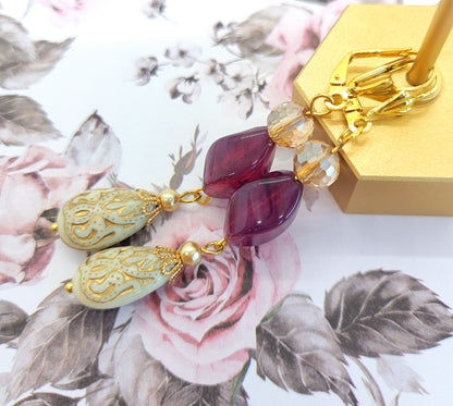 Gold Embossed Teardrop and Crystal Long Boho Dangle Earrings - Ivory and Violet Purple - Chic Brico