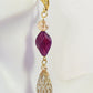 Gold Embossed Teardrop and Crystal Long Boho Dangle Earrings - Ivory and Violet Purple
