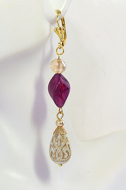 Gold Embossed Teardrop and Crystal Long Boho Dangle Earrings - Ivory and Violet Purple - Chic Brico
