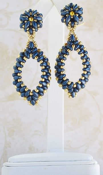 Navy Blue and Gold Two-Layer Oval Hoop Drop Earrings - Chic Brico