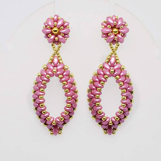 Powder Pink and Gold Two-Layer Oval Hoop Drop Earrings - Chic Brico