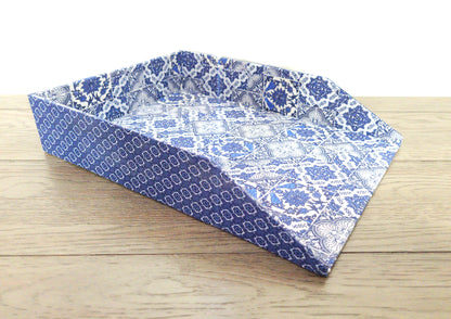 Letter Tray, Fabric-Covered Office or Work Desk Decor Paper Tray, White and Delft Style Blue Tiles - Chic Brico