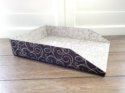 Letter Tray, Fabric-Covered Office or Work Desk Decor Paper Tray, Black and Gray w/Silver Foil Swirls - Chic Brico